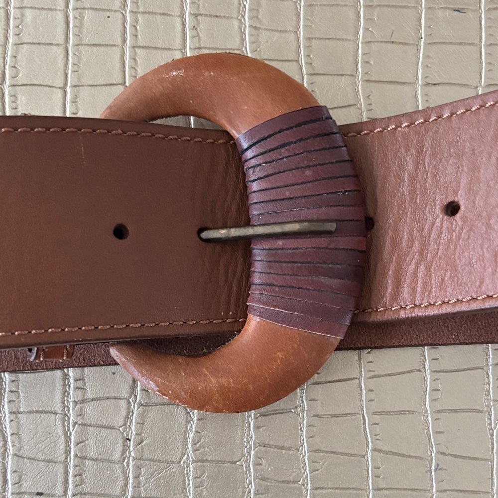 Chico's Tan Leather Belt with Wooden Buckle